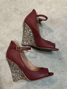 Paper Fox Burgundy Peep-Toe Ankle-Strap Wedge Heels